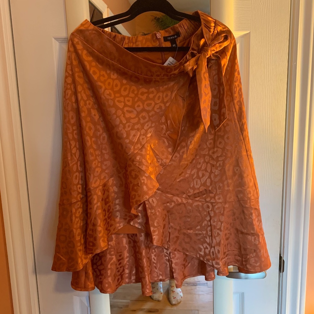 NWT COPPER LEOPARD JACQUARD RUFFLE WRAP MIDI SKIRT